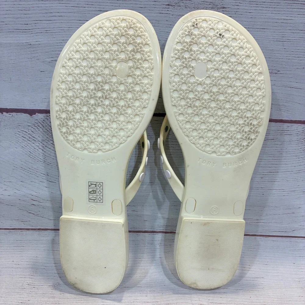 Tory Burch Studded Jelly Thong Flip Flops Womens 6 Cream Logo Sandals Waterproof
